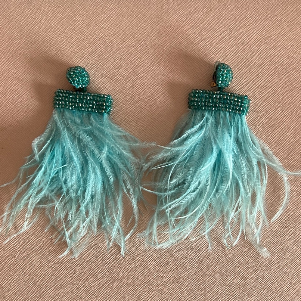 Turquoise Beaded & Feather Clip on Earrings.  New Without Tags